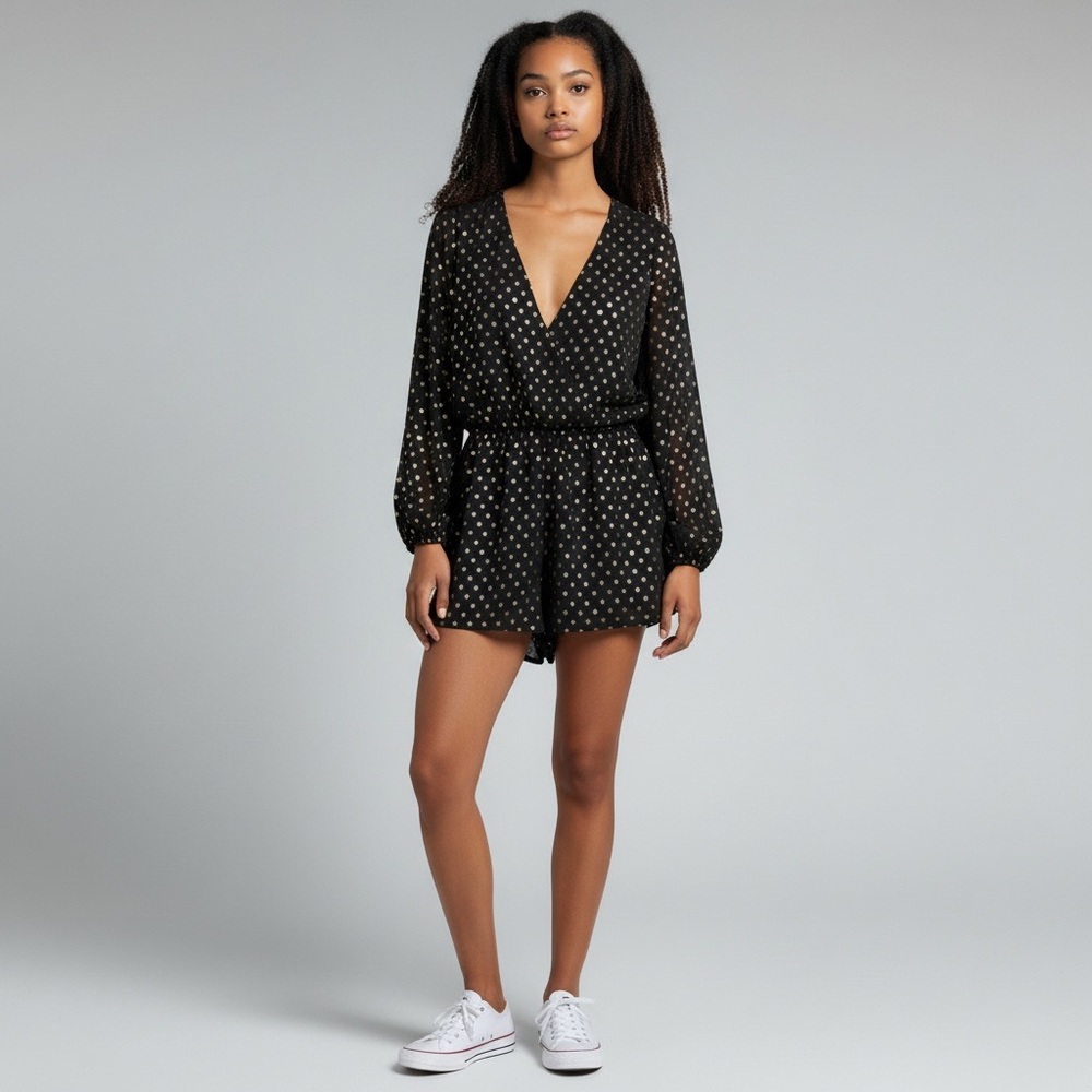 JACK by BB Dakota Romper Womens Large‎ L Long Sheer Sleeve Gold Polka Dot Black